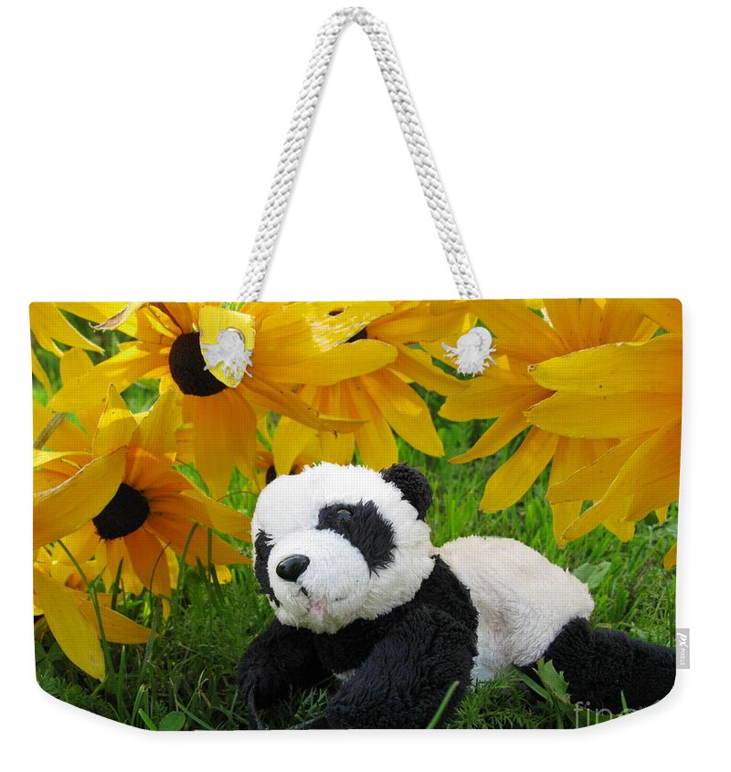 Baby Panda Weekender Tote Bag featuring the photograph Baby panda under the golden sky by Ausra Huntington nee Paulauskaite