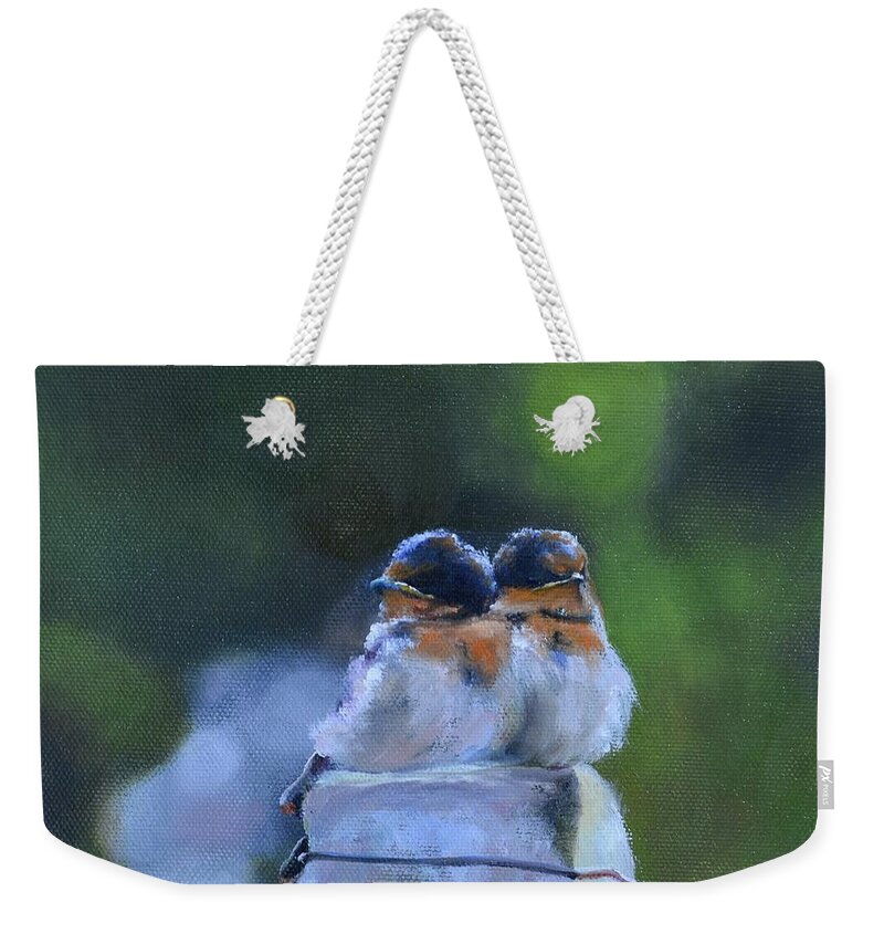 Swallow Weekender Tote Bag featuring the painting Baby Swallows on Post by Donna Tuten