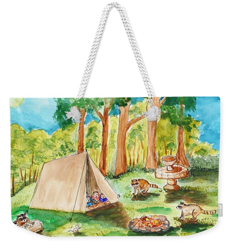Watercolor Weekender Tote Bag featuring the painting Back Yard Camp by Janis Lee Colon
