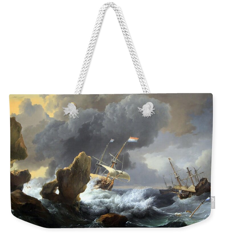 Ships In Distress Off A Rocky Coast Weekender Tote Bag featuring the photograph Backhuysen's Ships In Distress Off A Rocky Coast by Cora Wandel
