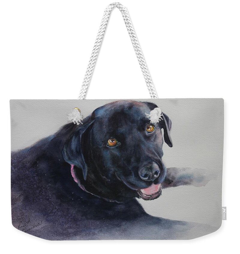 Black Lab Weekender Tote Bag featuring the painting Bailey by Ruth Kamenev