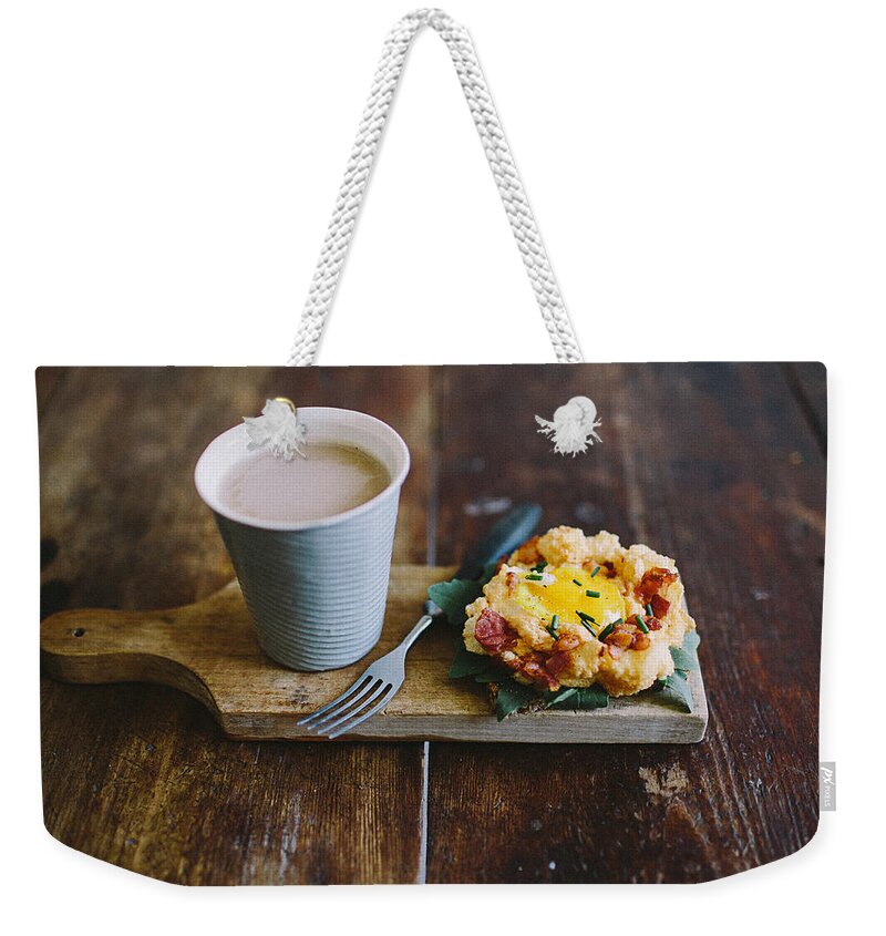 Berlin Weekender Tote Bag featuring the photograph Baked Eggs With Bacon And Parmesan by Marta Greber