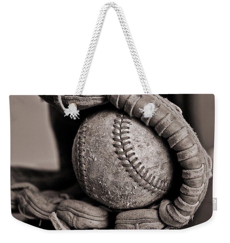 Black And White Photography Weekender Tote Bag featuring the photograph Ball and Glove by Bill Owen