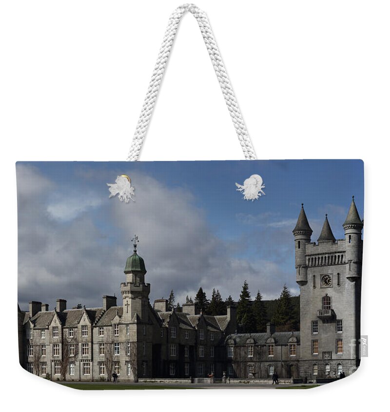 Balmoral Castle Weekender Tote Bag featuring the photograph Balmoral Castle in a closeup Panorama by Maria Gaellman