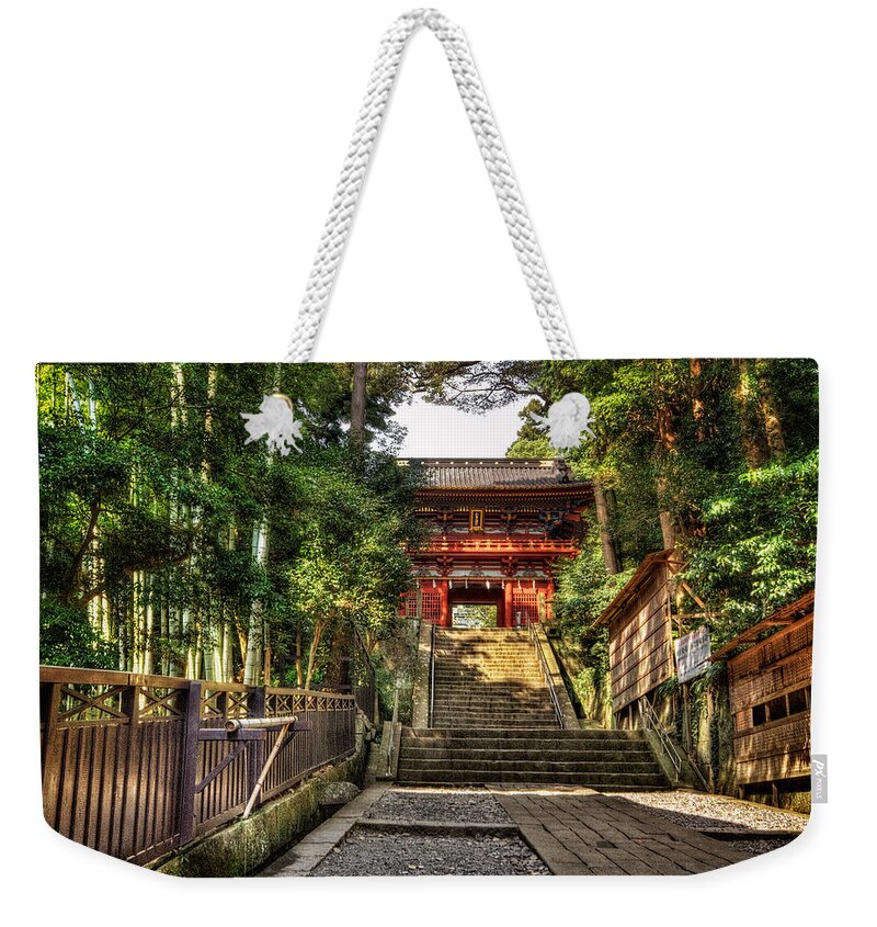 Temple Buddhism Asian Meditation Buddhist Religious Religion Culture Asia Buddha Travel Oriental Worship Old Art Gold Siam Prayer Pray Faith Statue Traditional Tradition Chinese Ancient Sculpture Spiritual Zen China Meditate Weekender Tote Bag featuring the photograph Bamboo temple by John Swartz