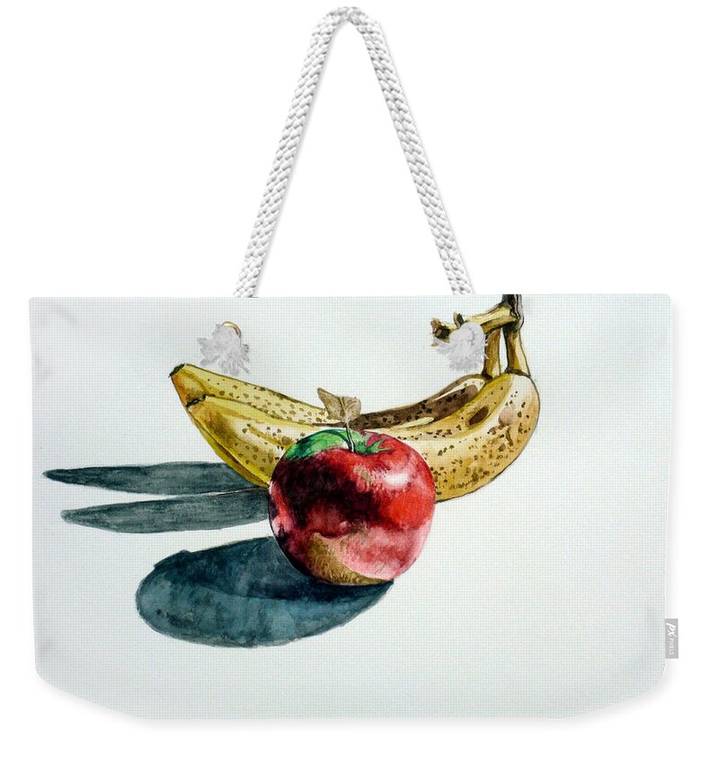 Banana Weekender Tote Bag featuring the painting Bananas and an Apple by Christopher Shellhammer