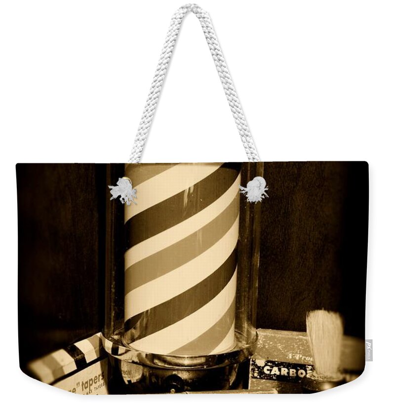 Barber - Vintage Barber Weekender Tote Bag featuring the photograph Barber - barber pole - black and white by Paul Ward