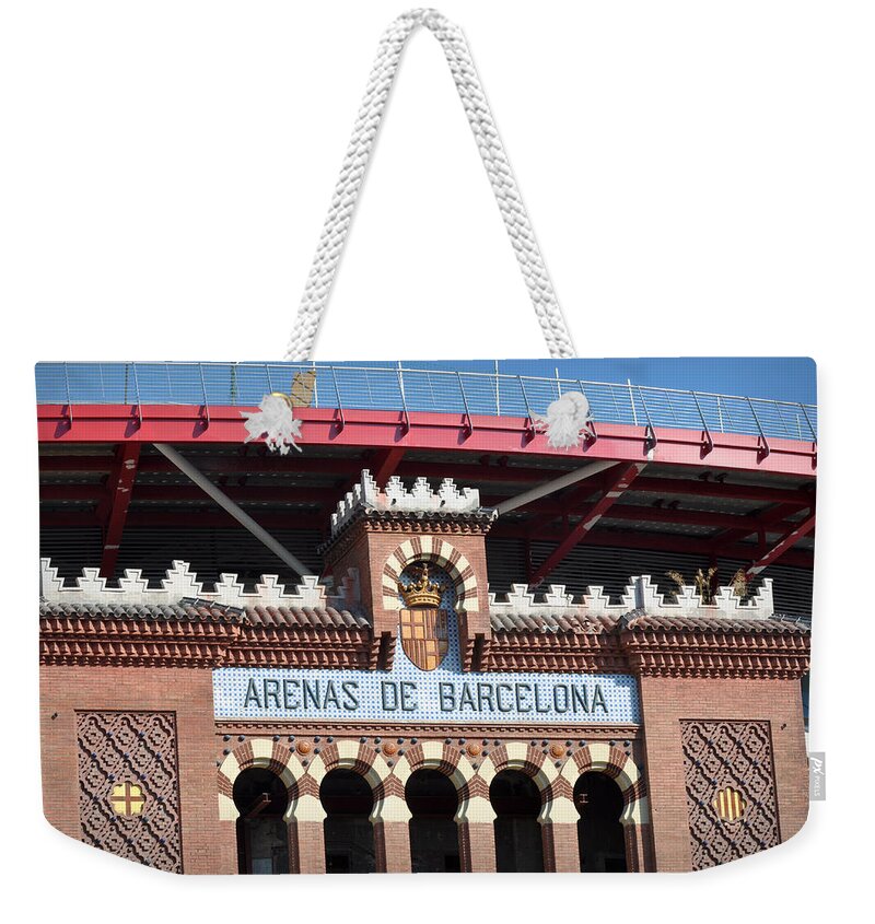 Architecture Weekender Tote Bag featuring the photograph Barcelona Bull Fighting Arena Sign in Spain by Brandon Bourdages