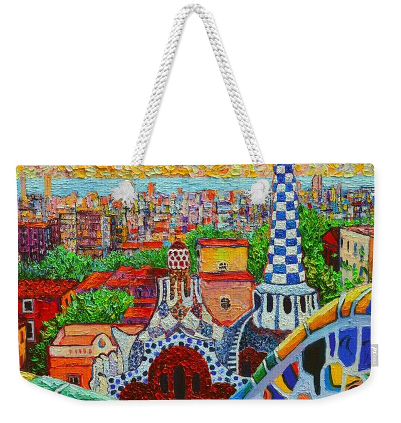 Barcelona Weekender Tote Bag featuring the painting Barcelona Sunrise - Guell Park - Gaudi Tower by Ana Maria Edulescu