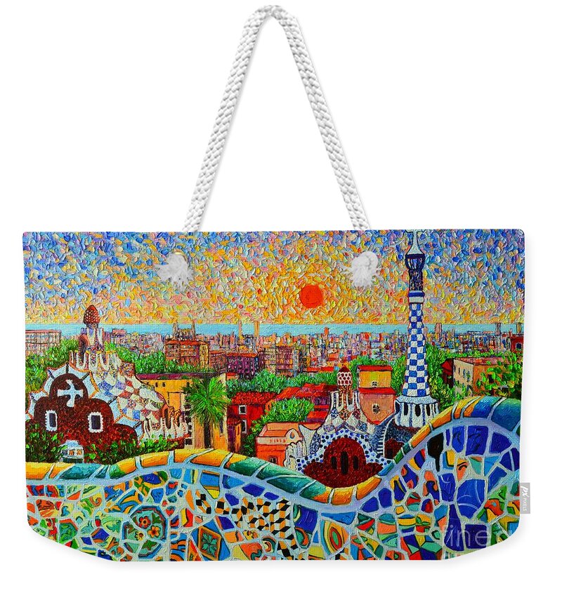 Barcelona Weekender Tote Bag featuring the painting Barcelona View At Sunrise - Park Guell Of Gaudi by Ana Maria Edulescu
