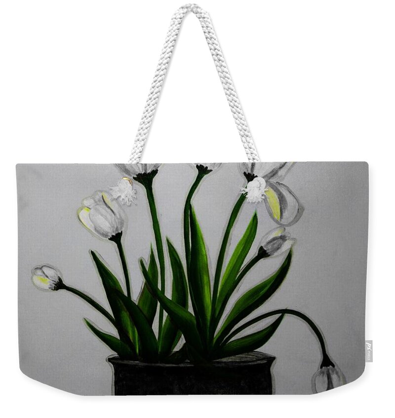 Barely White Tulips On A Table Weekender Tote Bag featuring the painting Barely White Tulips on a Table by Barbara A Griffin