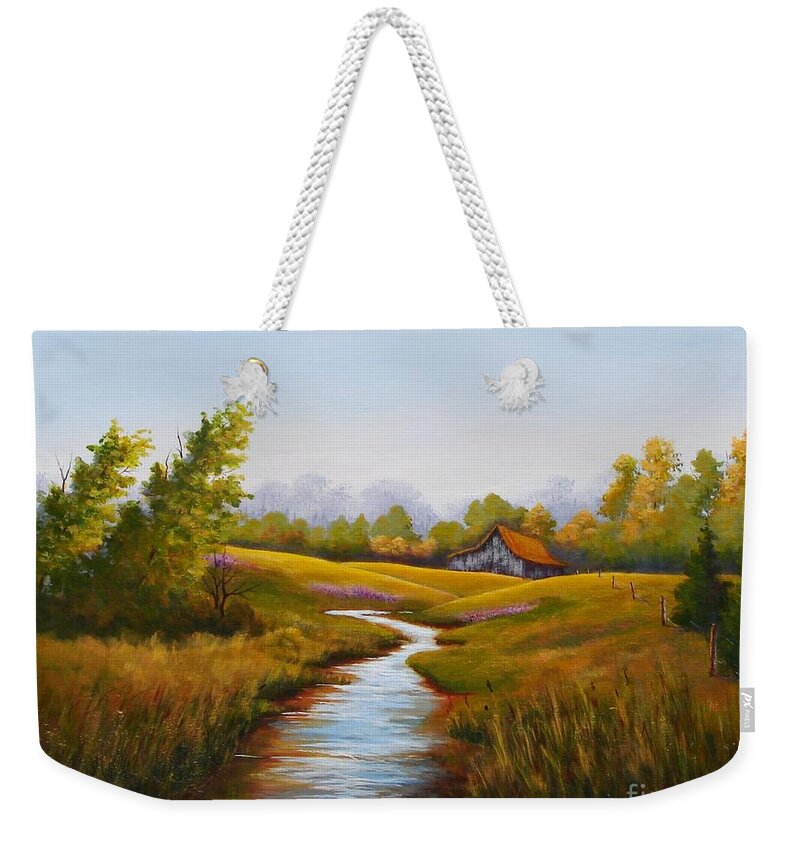 Barn Weekender Tote Bag featuring the painting Barn and Stream by Jerry Walker