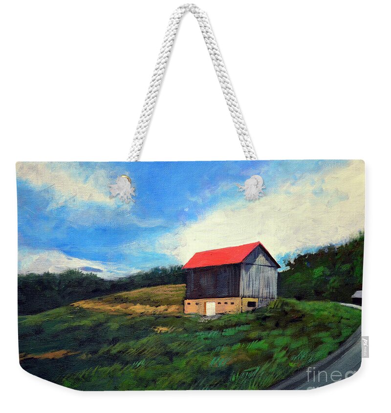 Barn Weekender Tote Bag featuring the painting Barn around the bend by Christopher Shellhammer
