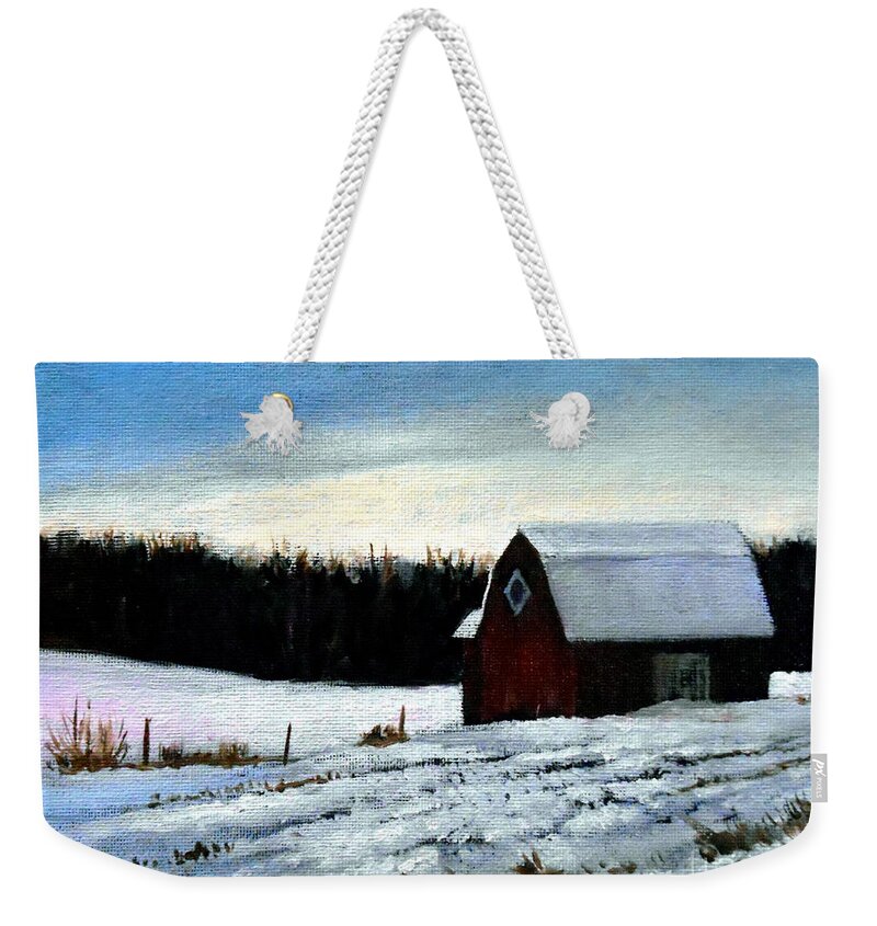 Barn Weekender Tote Bag featuring the painting Tree Farm Barn in the snow by Christopher Shellhammer