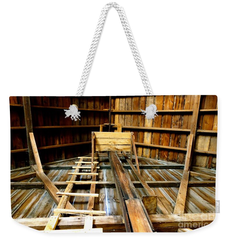 Barn Weekender Tote Bag featuring the photograph Barn Rafters 2 by Jacqueline Athmann
