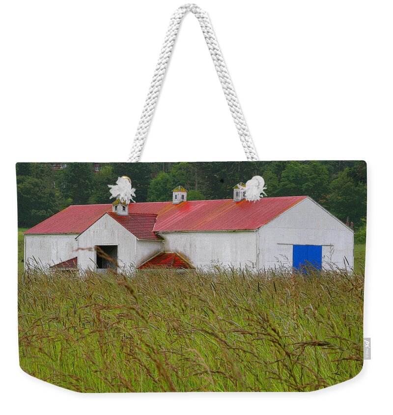 San Juan Island Weekender Tote Bag featuring the photograph Barn with Blue Door by Art Block Collections