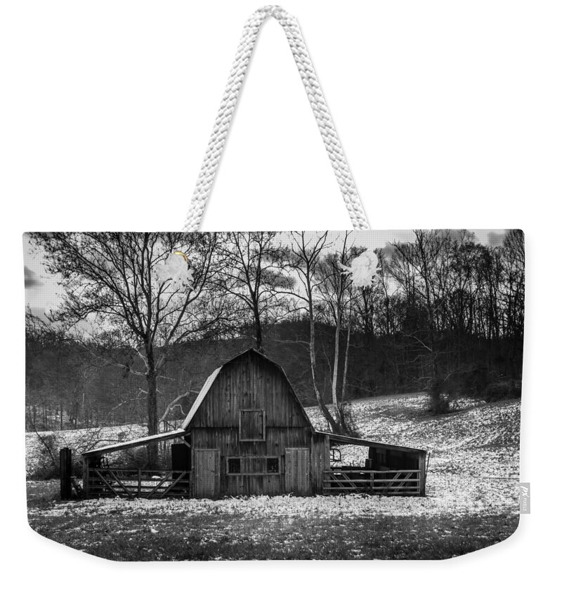 Barn Weekender Tote Bag featuring the photograph Barn with Snow BW by Ron Pate