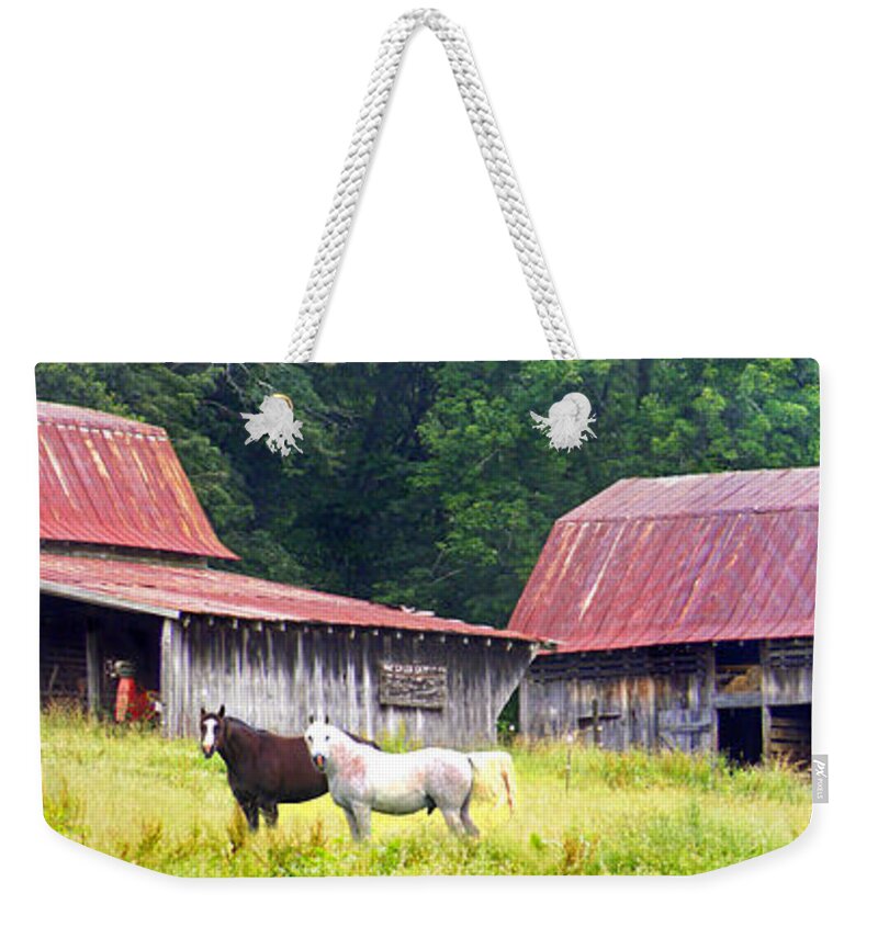Duane Mccullough Weekender Tote Bag featuring the photograph Barns and Horses near Mills River NC by Duane McCullough