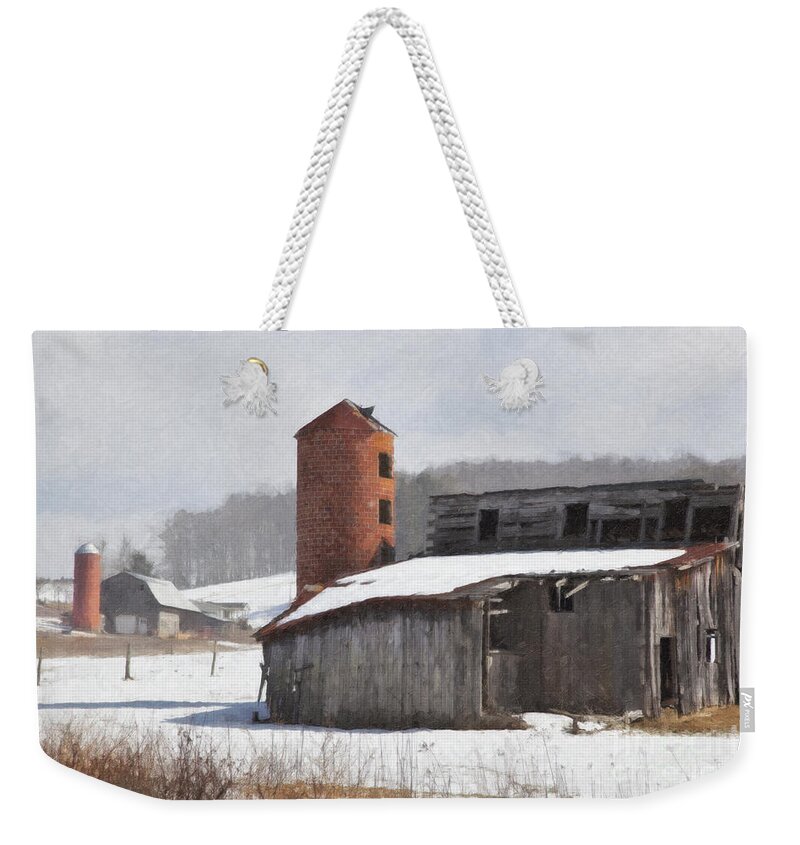 Old Barns Weekender Tote Bag featuring the photograph Barns in Winter Oil Painting by Jill Lang