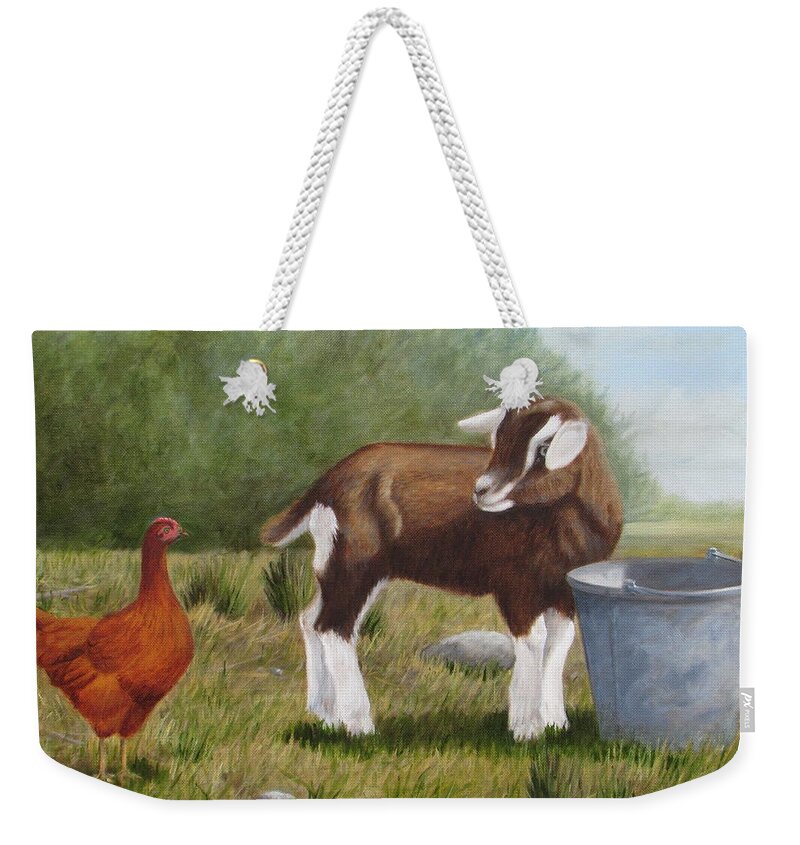 Goat And Chicken Weekender Tote Bag featuring the painting Barnyard Talk by Tammy Taylor