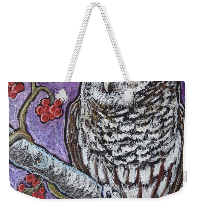 Owl Weekender Tote Bag featuring the painting Barred Owl and Berries by Ande Hall