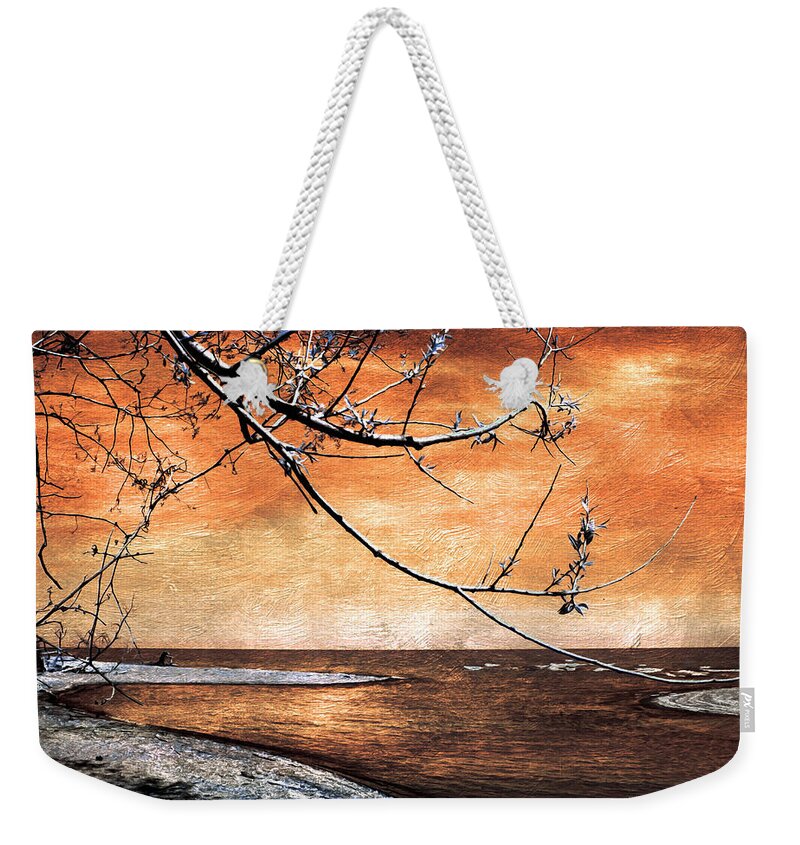 Sunset Weekender Tote Bag featuring the photograph Barrier Beach - Old Woman Creek - Sunset by Shawna Rowe