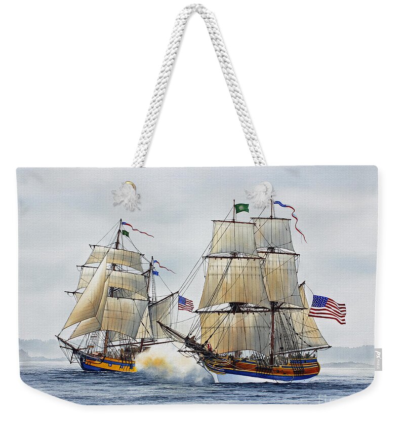 Tall Ship Weekender Tote Bag featuring the painting Battle Sail by James Williamson