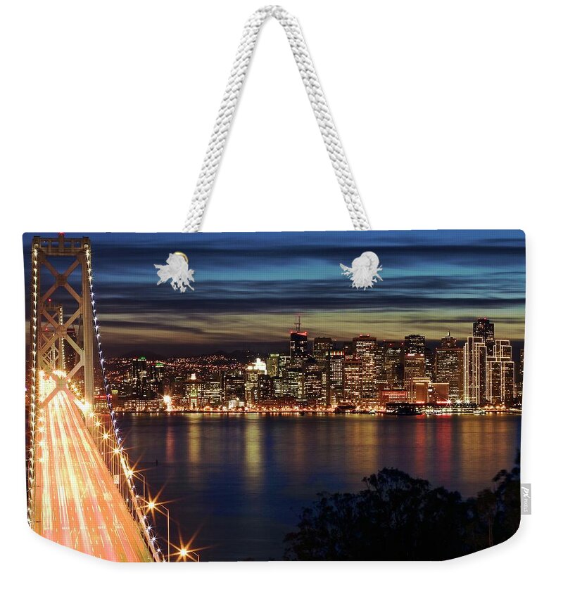 San Francisco Weekender Tote Bag featuring the photograph Bay Bridge And Embarcadero. Blue Hour by Chris Hornstra Photography