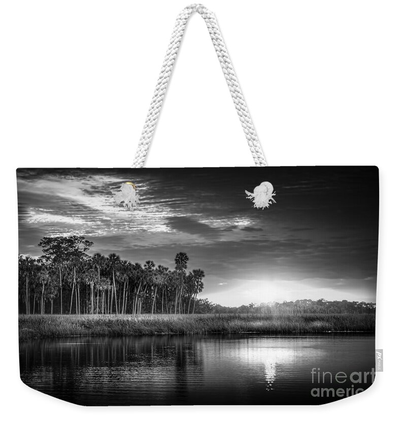 Pine Island Weekender Tote Bag featuring the photograph Bayou Sunset-b/w by Marvin Spates
