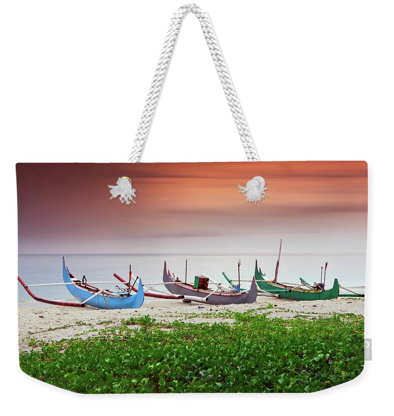 Beach , White Sad And Small Boat Weekender Tote Bag by Simonlong