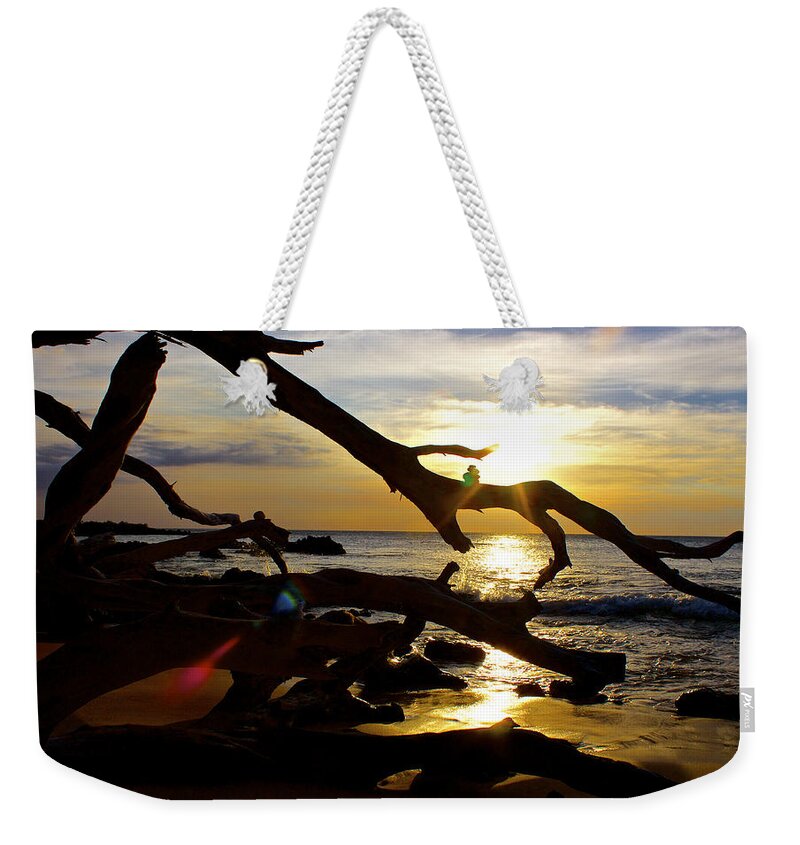 Light Rays Weekender Tote Bag featuring the photograph Beach 69 Hawaii at Sunset by Venetia Featherstone-Witty