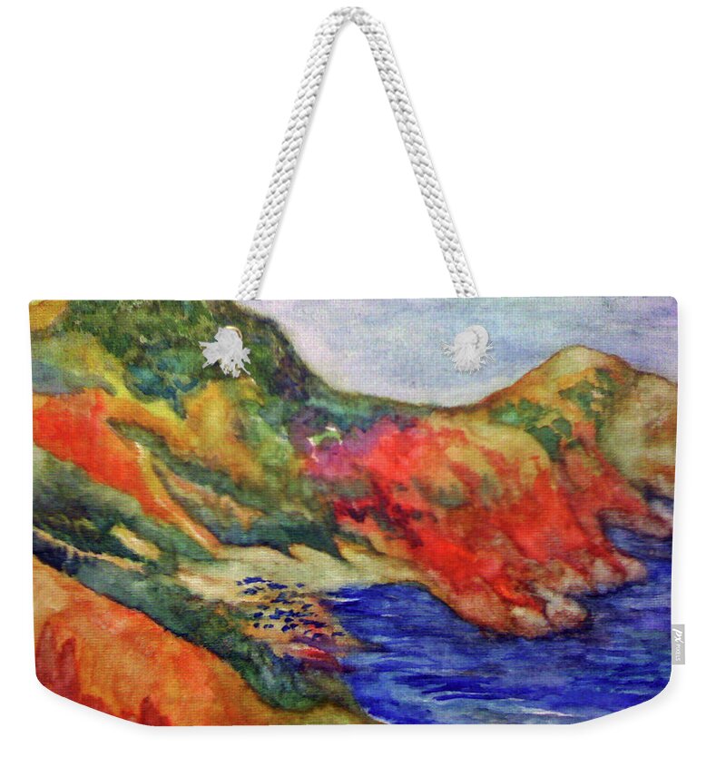 Moraig Beach Weekender Tote Bag featuring the painting Beach at Moraira by Kandy Cross