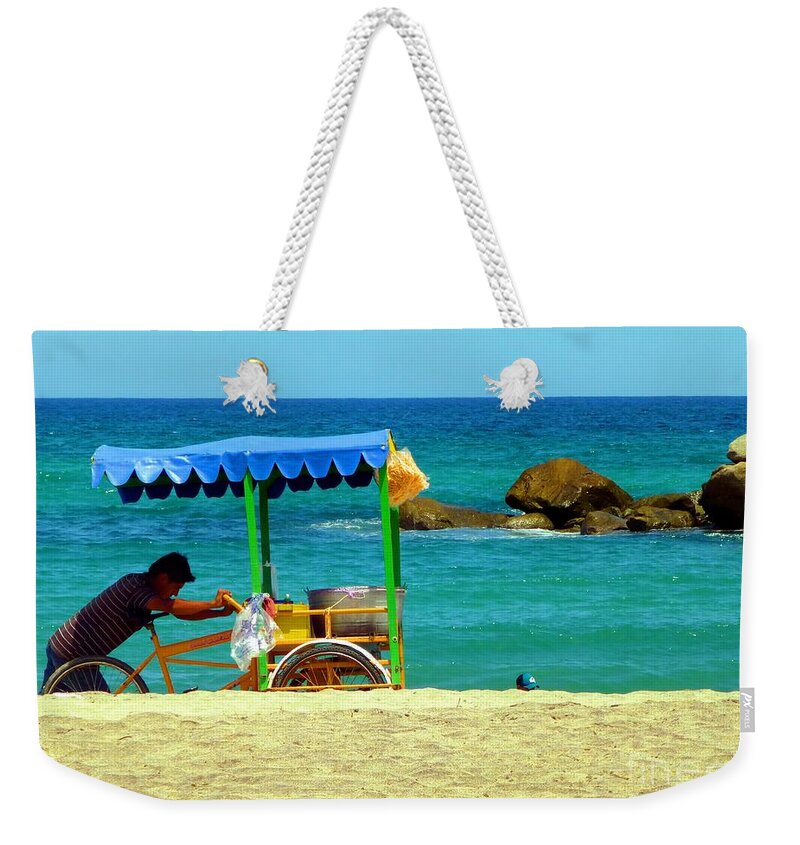 Bicicleta Weekender Tote Bag featuring the photograph Beach Entrepreneur in San Jose del Cabo by Barbie Corbett-Newmin