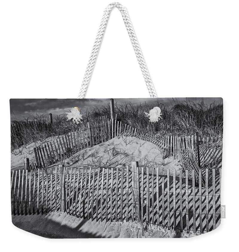 Cape Cod Weekender Tote Bag featuring the photograph Beach Fence BW by Susan Candelario