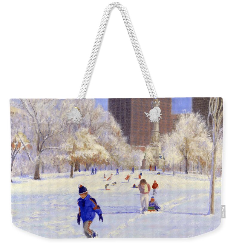 Winter Weekender Tote Bag featuring the painting Beacon Hill Sledders by Candace Lovely