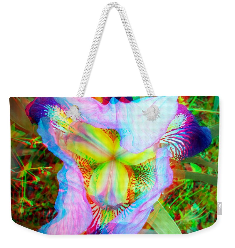 3d Weekender Tote Bag featuring the photograph Bearded Iris Cultivar - Use Red-Cyan 3D Glasses by Brian Wallace