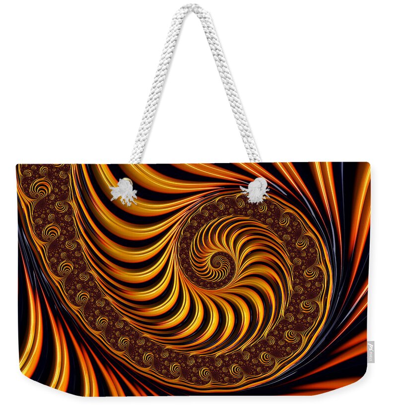 Fractal Weekender Tote Bag featuring the digital art Beautiful golden fractal spiral artwork by Matthias Hauser
