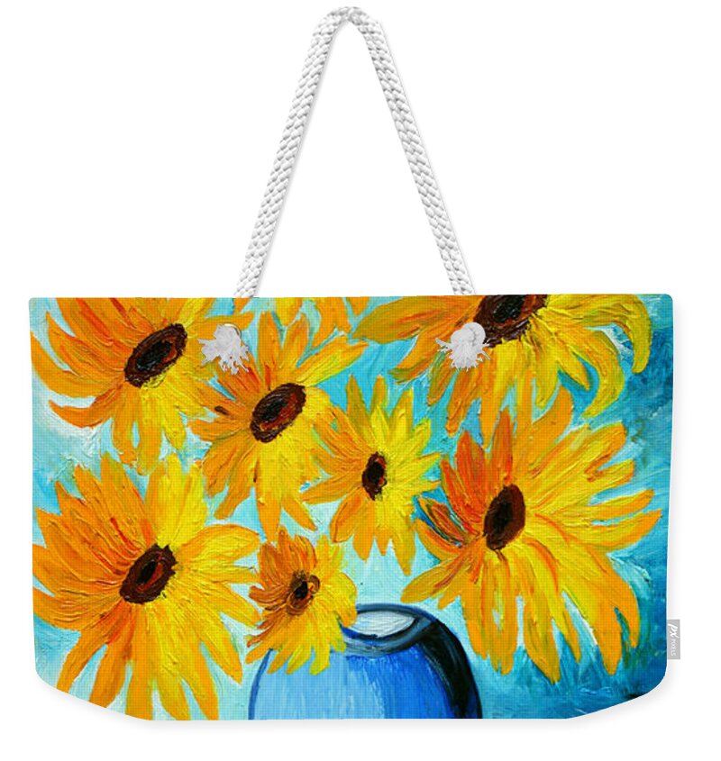 Sunflowers Weekender Tote Bag featuring the painting Beautiful Sunflowers in Blue Vase by Ramona Matei