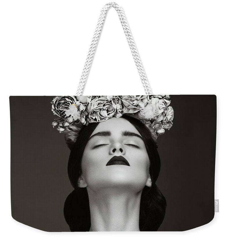 Crown Weekender Tote Bag featuring the photograph Beautiful Woman With Wreath Of Flowers by Lambada