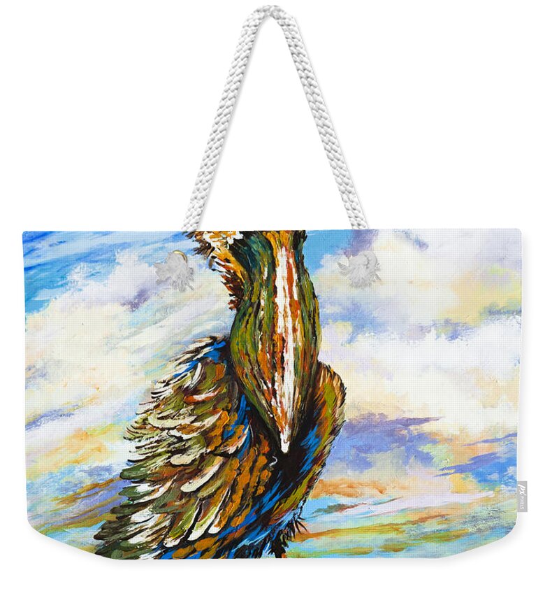 Louisiana Pelican Weekender Tote Bag featuring the painting Bedhead Boudreaux by Dianne Parks