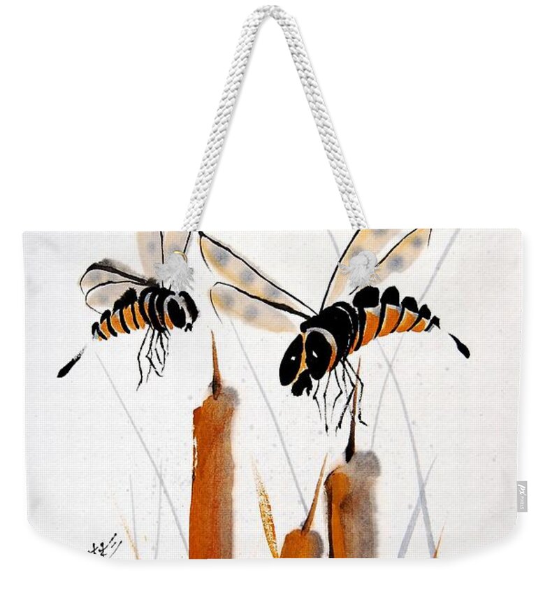 Chinese Brush Painting Weekender Tote Bag featuring the painting Bee-ing Present by Bill Searle