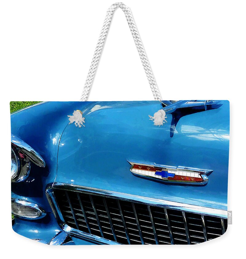Car Weekender Tote Bag featuring the photograph Bel Air Hood Ornament by Susan Savad