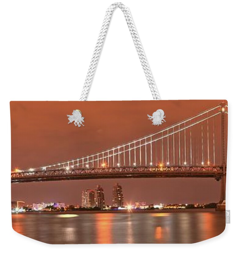 Ben Franklin Panorama Weekender Tote Bag featuring the photograph Ben Franklin Bridge Dusk Panorama by Adam Jewell