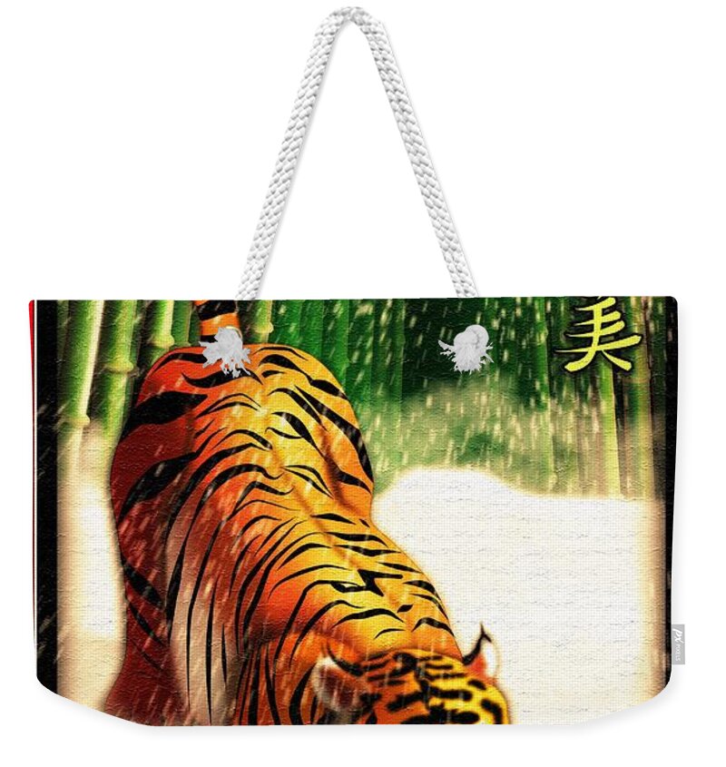 Bengal Tiger Weekender Tote Bag featuring the digital art Bengal Tiger in Snow storm by John Wills