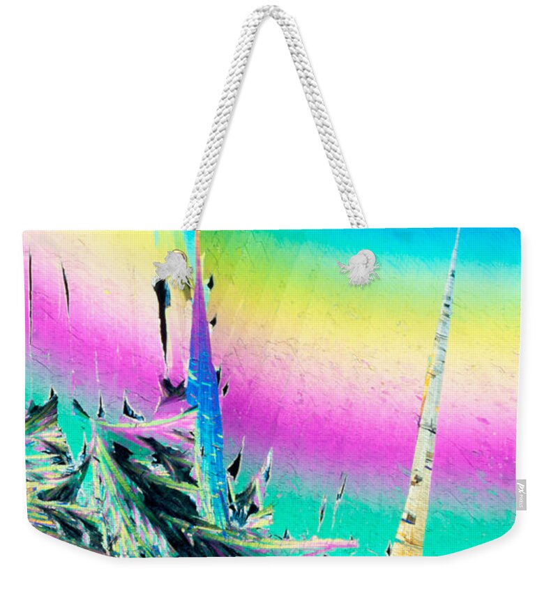 Acid Weekender Tote Bag featuring the photograph Benzoic acid microcrystals coloful abstract art by Stephan Pietzko