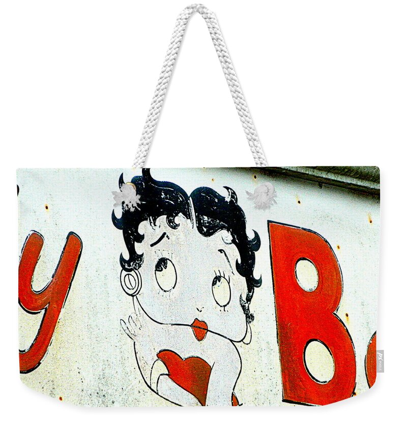 Sign Weekender Tote Bag featuring the photograph Betty Boop Herself by Kathy Barney