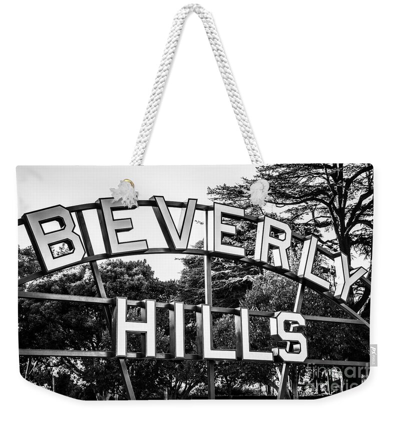 America Weekender Tote Bag featuring the photograph Beverly Hills Sign in Black and White by Paul Velgos