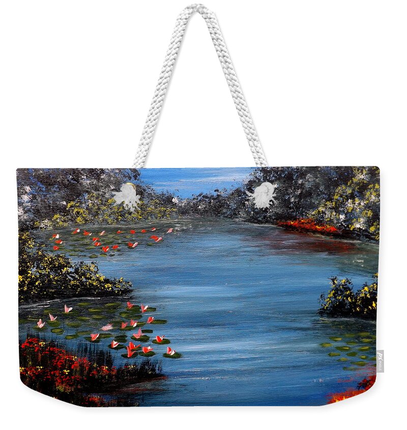 Paintingsbydarren Weekender Tote Bag featuring the painting Beyond the Bridge at Lily Pond by Darren Robinson