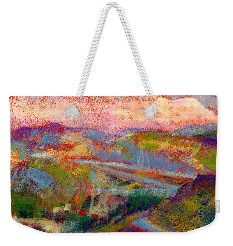 Mountains Weekender Tote Bag featuring the painting Beyond The City by Athena Mantle