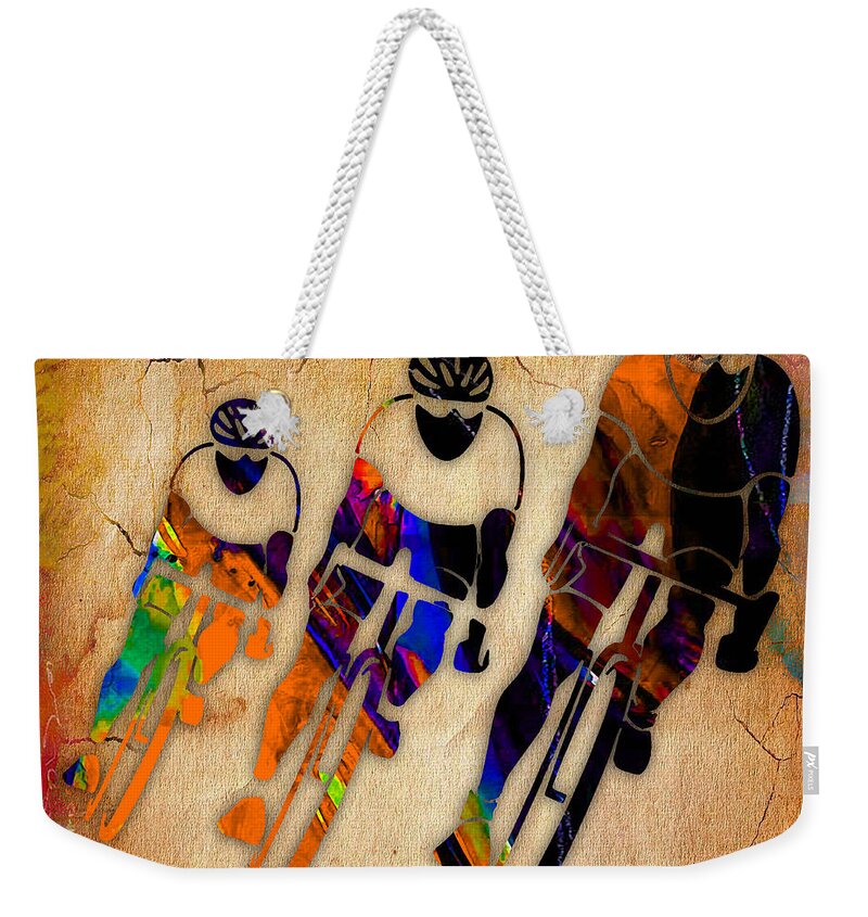 Bicycle Weekender Tote Bag featuring the mixed media Bicycle Racing by Marvin Blaine